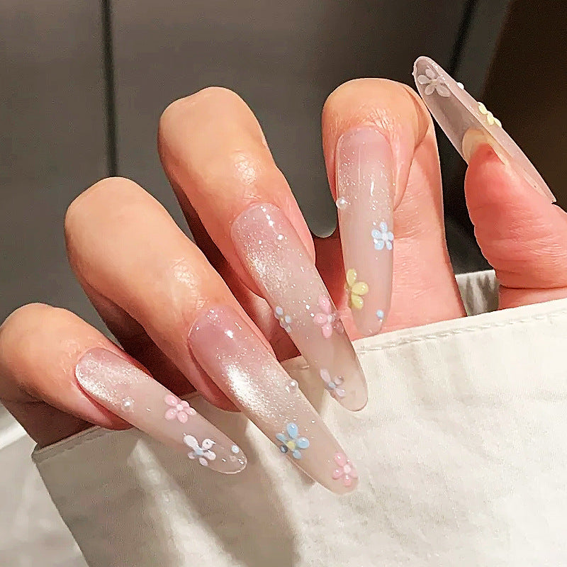 Long Acrylic Press-On Nails with Floral Embellishments Kalsten