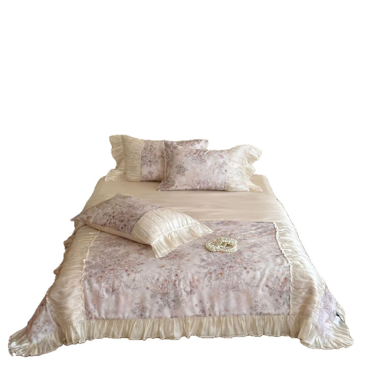 Satin bedding set with floral pattern and pleated ruffles