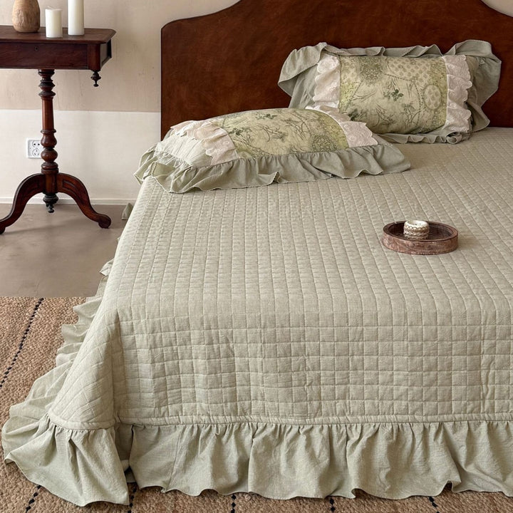 Romantic cotton satin bedding set with floral stripe pattern, ruffle, and decorative pillowcases
