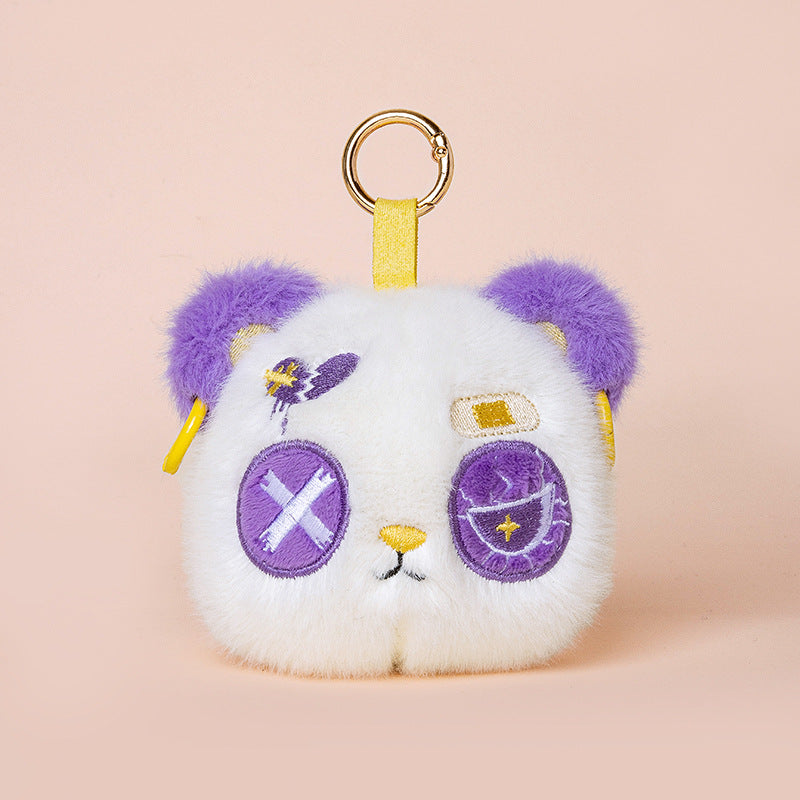 Faux-Fur Bunny Charm Key Fob with Embroidered Patchwork Face and Gold Metal Ring Kalsten