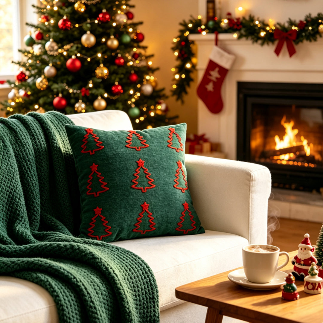 Holiday Holly Embroidered Velveteen Throw Pillow with Pom Berry Accents