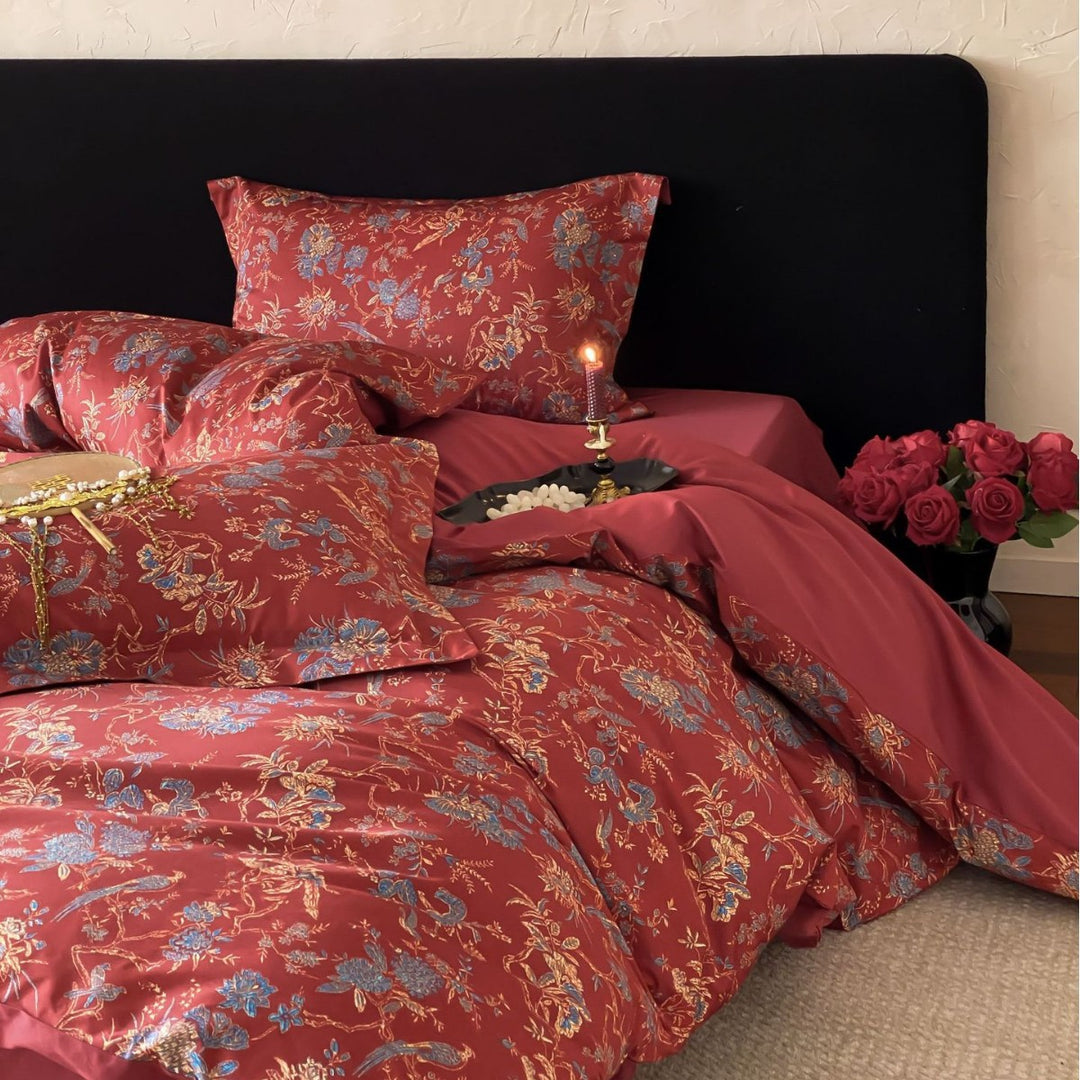 Premium cotton satin bedding set with floral jacquard pattern and reversible pillowcases