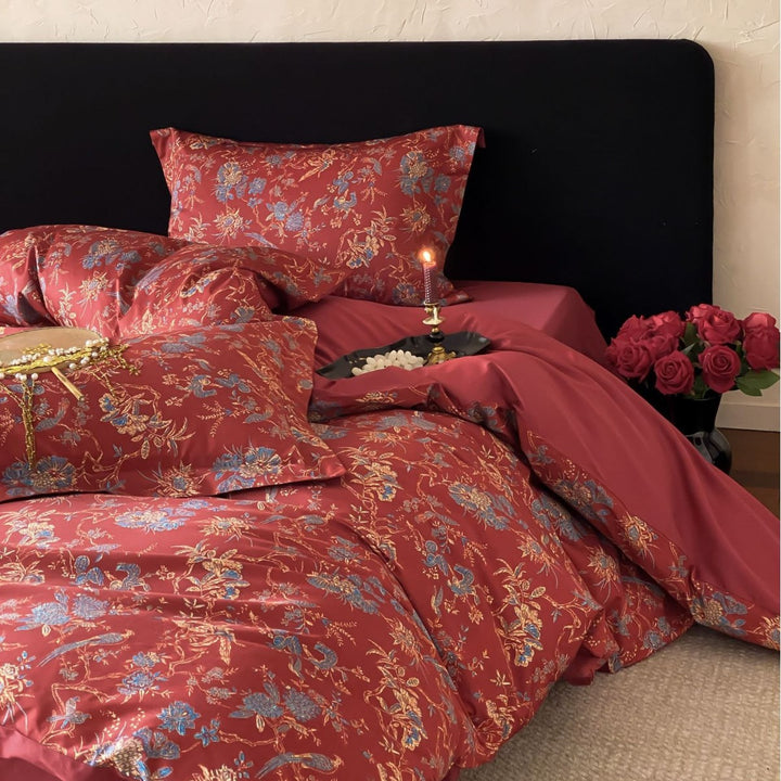 Premium cotton satin bedding set with floral jacquard pattern and reversible pillowcases