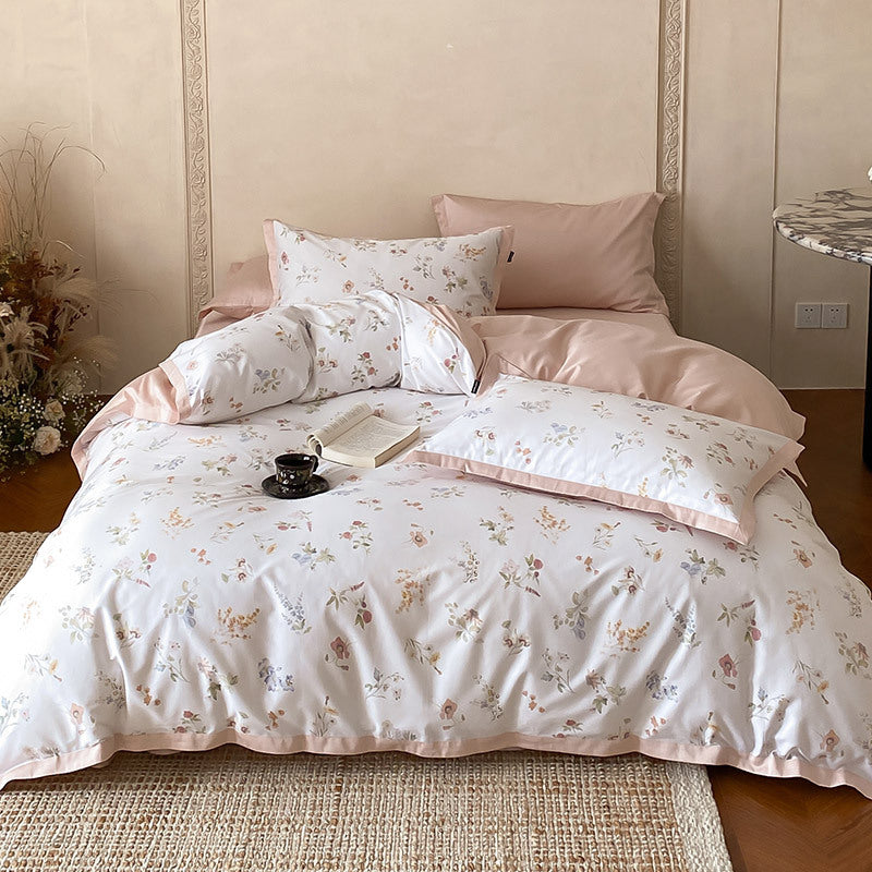 Luxurious cotton satin bedding set with fine botanical print and contrasted edge