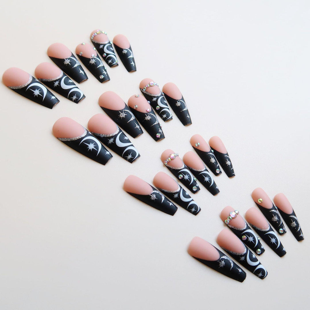 Artistic Long Stiletto Press-On Nail Set with Moon and Star Designs