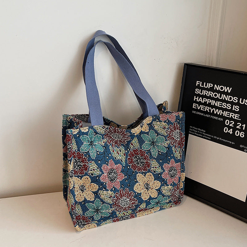 Floral Embroidered Tapestry Tote Bag