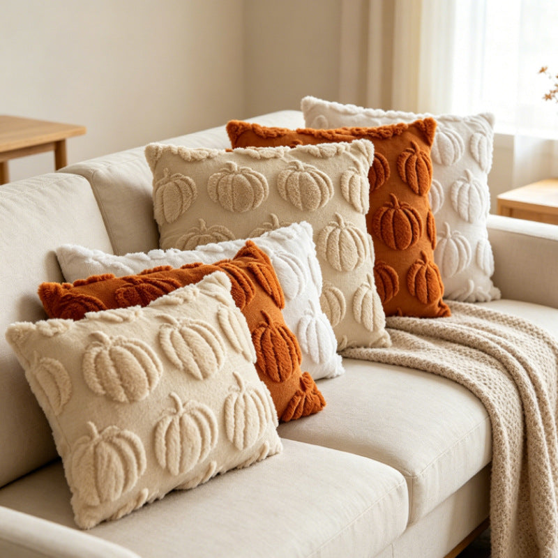 Autumn Pumpkin Chenille Tufted Square Throw Pillow Cover with Plush Raised Motif