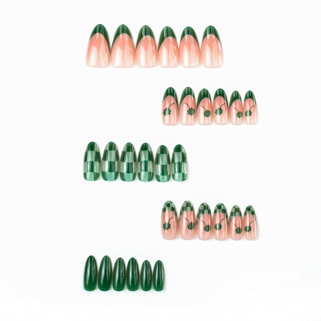 Themed Press-On Nail Art Set with Clover and Plaid Design