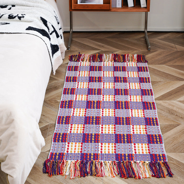 woven living room runner with fringes and geometric weave pattern