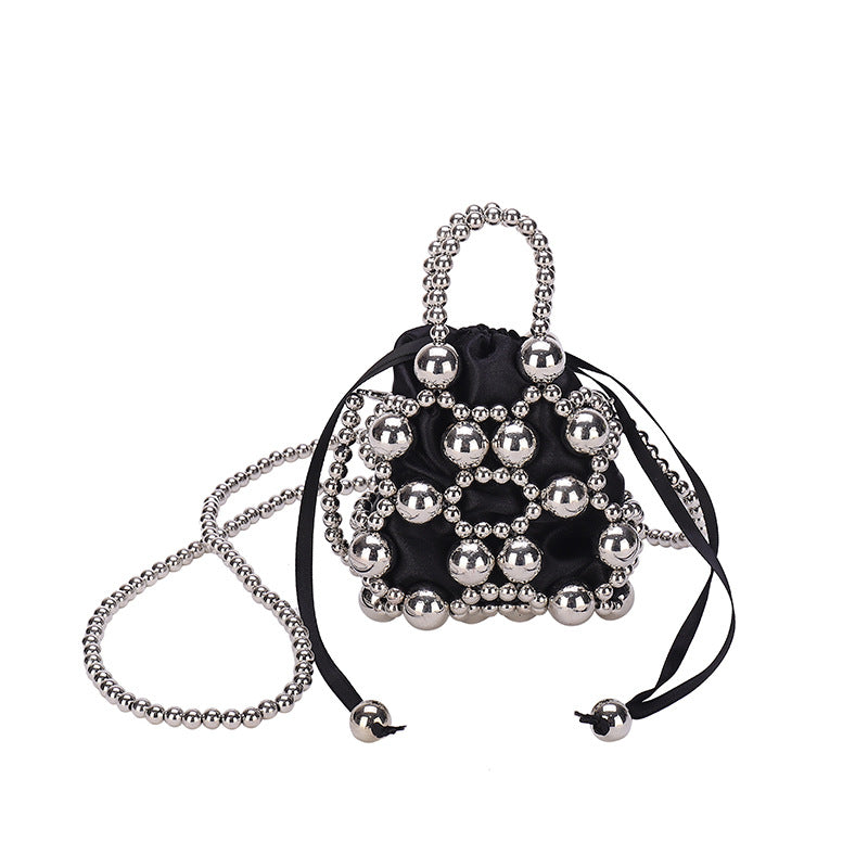 Decorative Pearl-Embellished Mini Drawstring Handbag