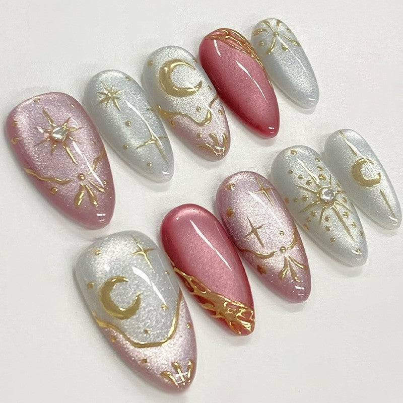 Decorative Press-On Nail Art Set with Celestial and Metallic Accents Kalsten