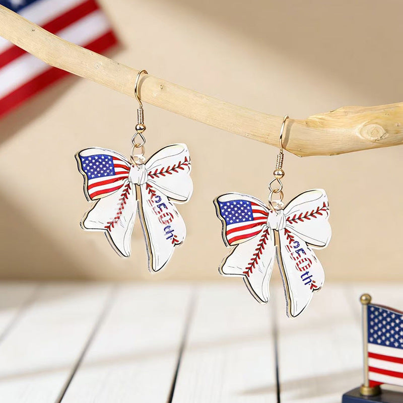 Women's acrylic statement earrings long pendant bow motif with patriotic print Kalsten