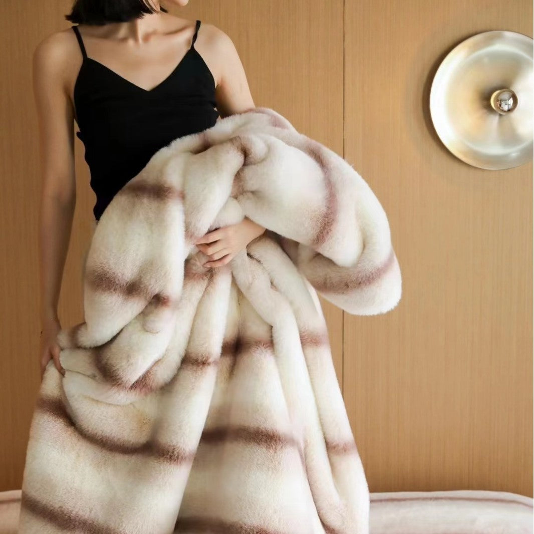 Fluffy faux fur bedding set with horizontal stripe relief