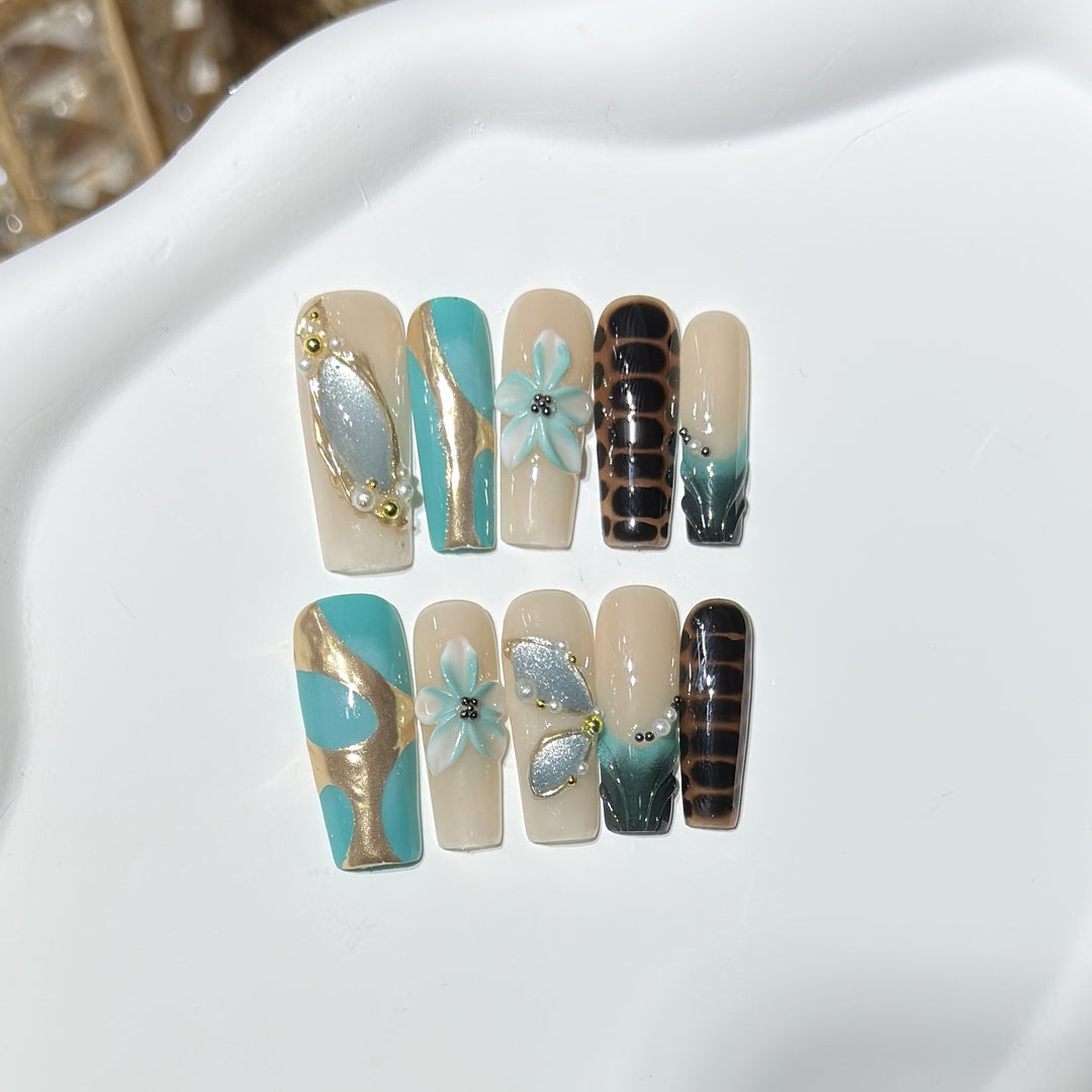 Artistic Press-On Nail Art Set with Floral and Geometric Designs Kalsten