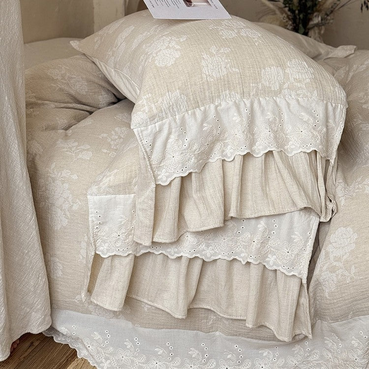 Vintage-inspired cotton-linen bedding set with ruffled trim & broderie anglaise