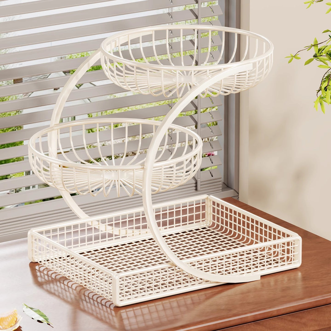 Three-Tier Gold Mesh Fruit Basket Countertop Organizer with Curved Frame