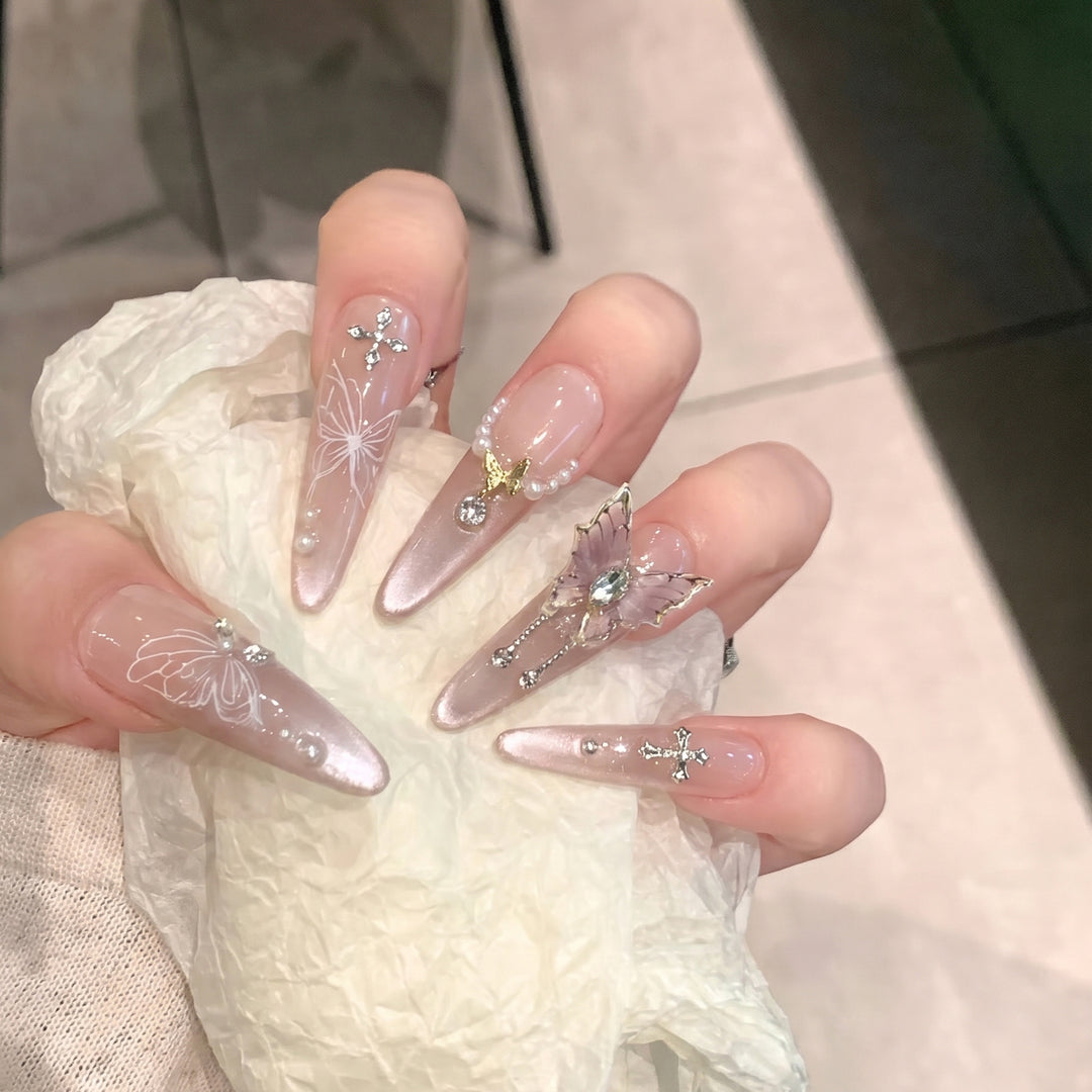 Artistic Stiletto Press-On Nail Design Set with Butterfly and Gemstone Accents Kalsten