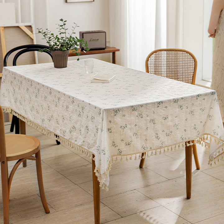 Rectangular Linen-Blend Tassel-Trim Dining Tablecloth with Scattered Dot Embroidery