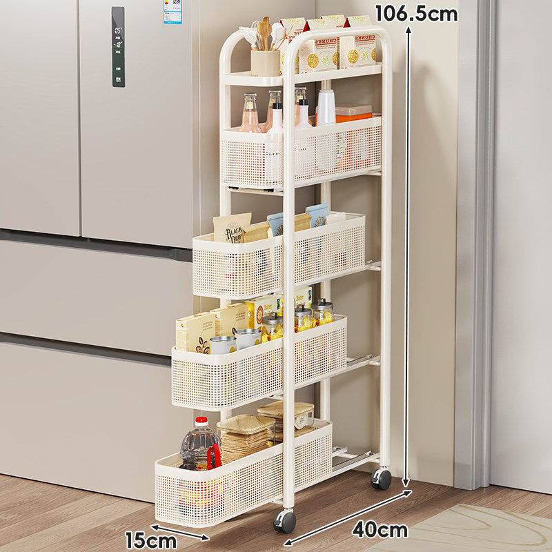 Slim Sliding Pantry Trolley with Perforated Pull-Out Mesh Baskets and Locking Casters