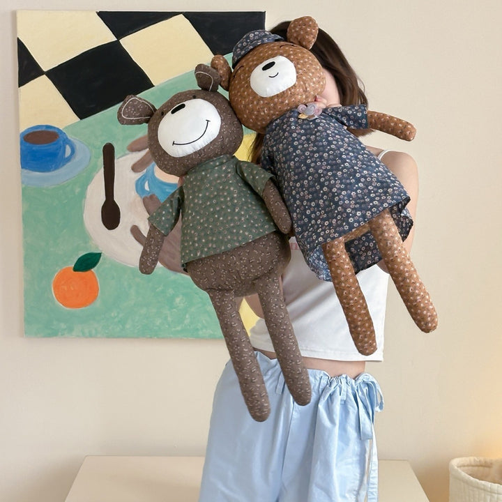Large cuddly teddy bear made of cotton fabric with a floral shirt handmade