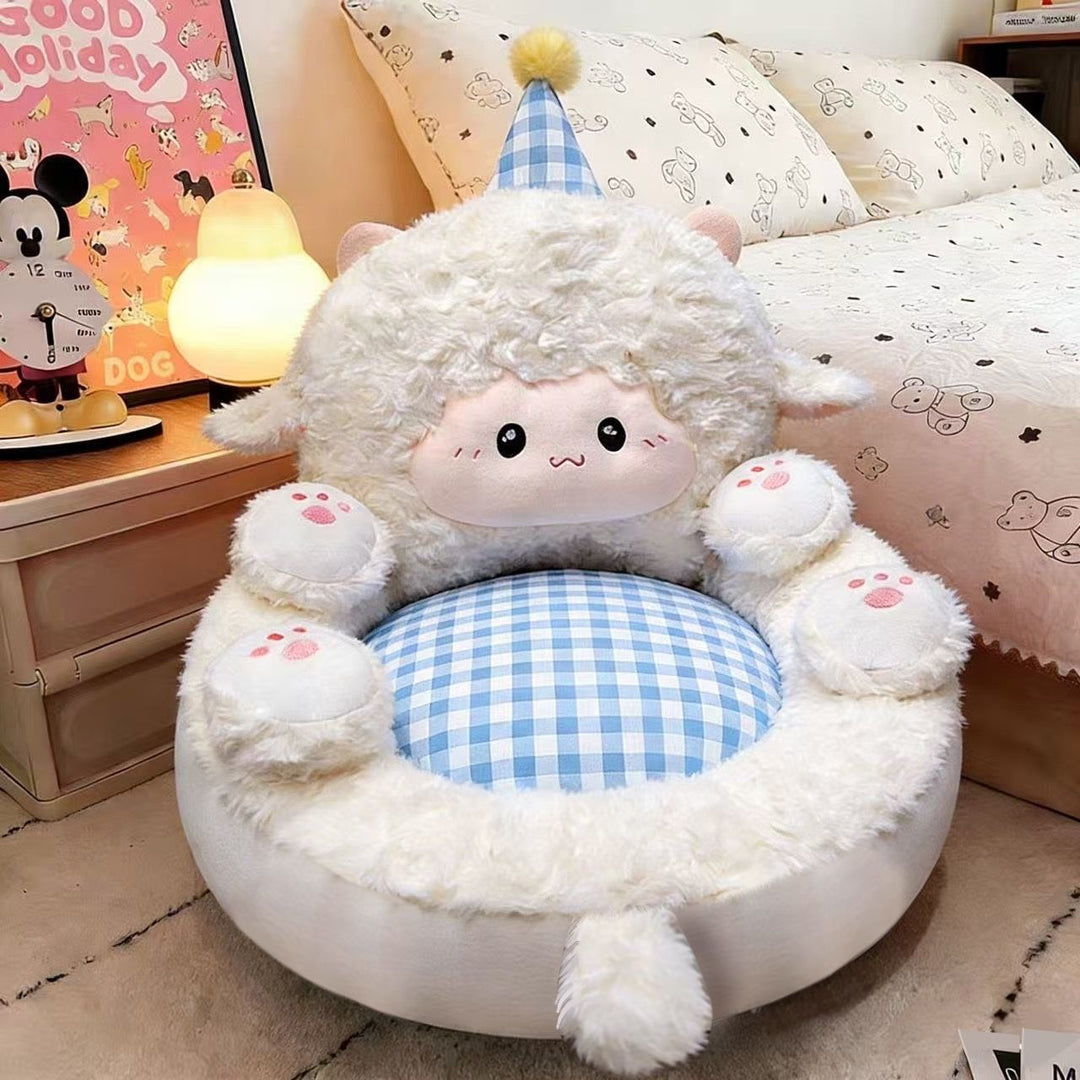 Padded children's armchair made of plush with a high backrest, armrests, and removable checkered seat cushion in sheep design