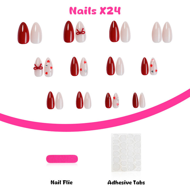 Nail set with elegant red details and hearts Kalsten