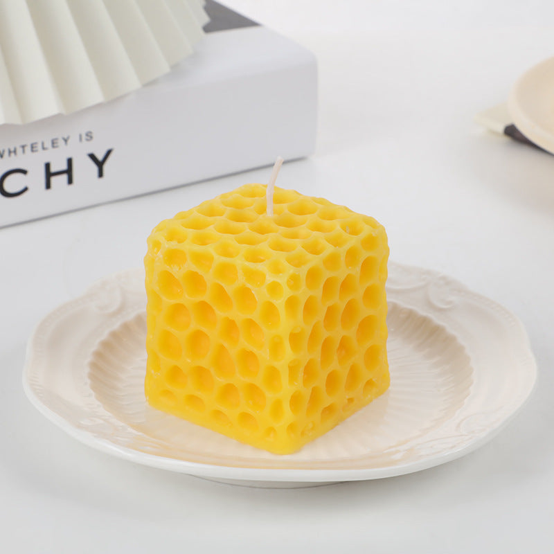 Hand-Poured Honeycomb-Textured Cube Tabletop Candle