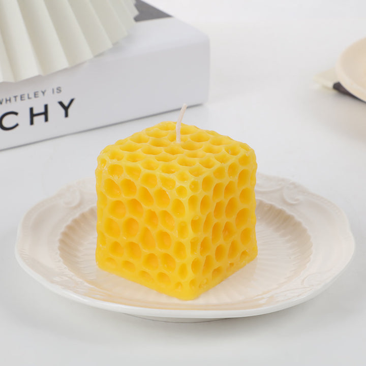 Hand-Poured Honeycomb-Textured Cube Tabletop Candle