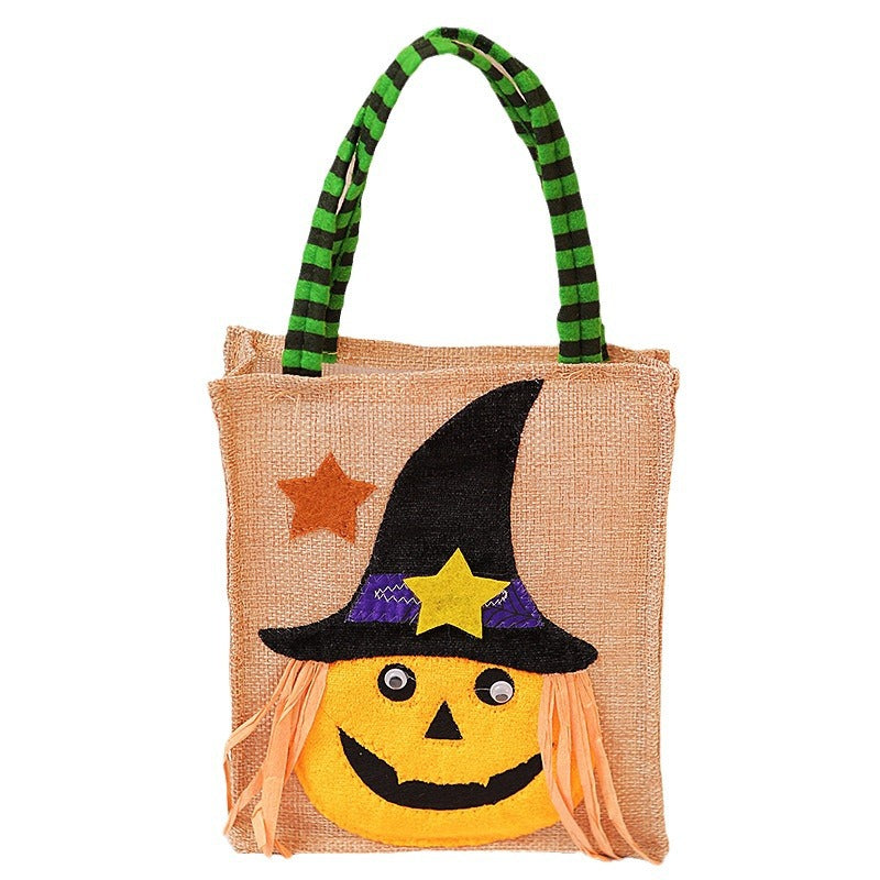 Halloween-Jute bag with stitched black cat and striped carrying handles