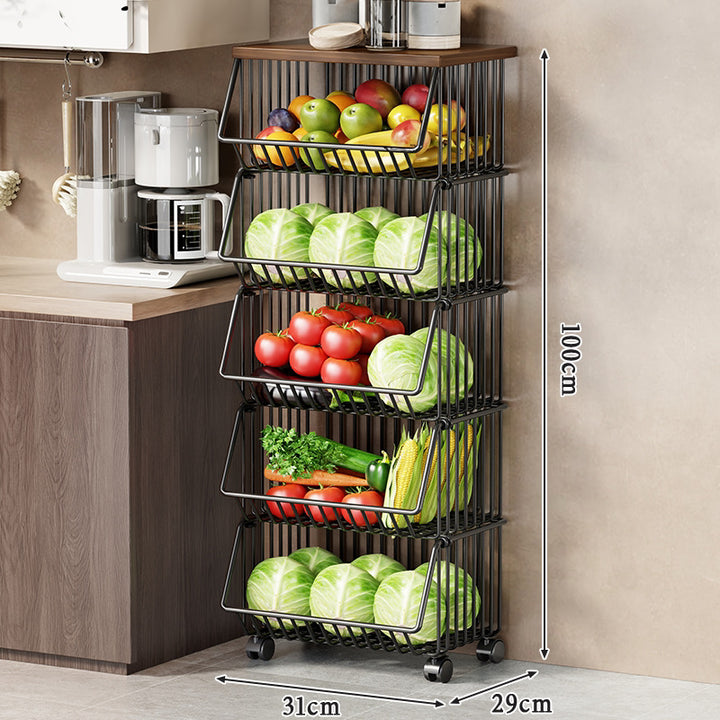 Slim Vertical Rolling Wire Produce and Pantry Organizer Cart with Wood Top