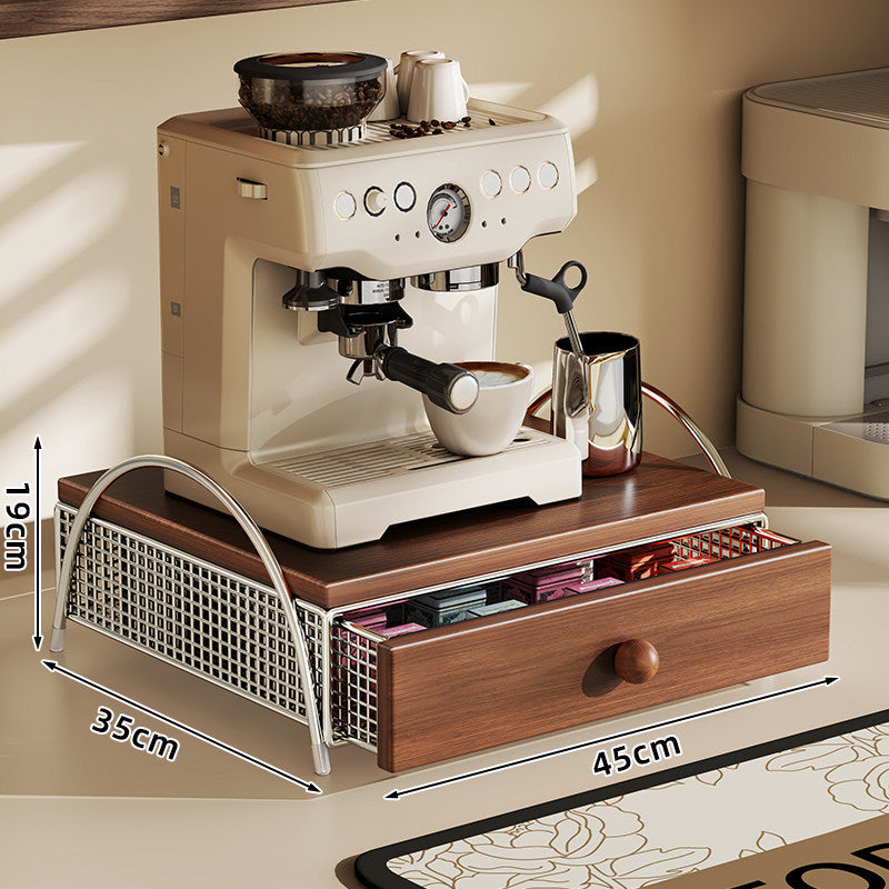 Countertop Espresso Machine Stand with Wooden Top Metal Frame and Pull-Out Storage Drawer