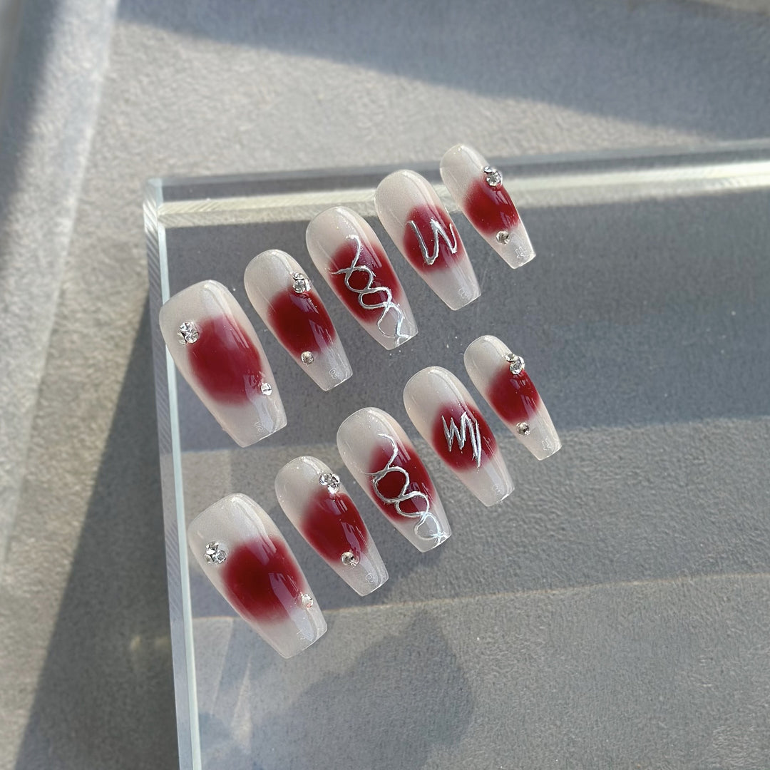 Artistic Press-On Nail Set with Decorative Gems