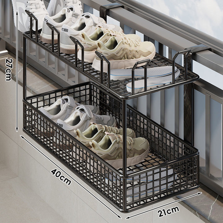 Window-Rail Hanging Shoe Storage Basket with Ventilated Grid and Adjustable Clamp Hooks