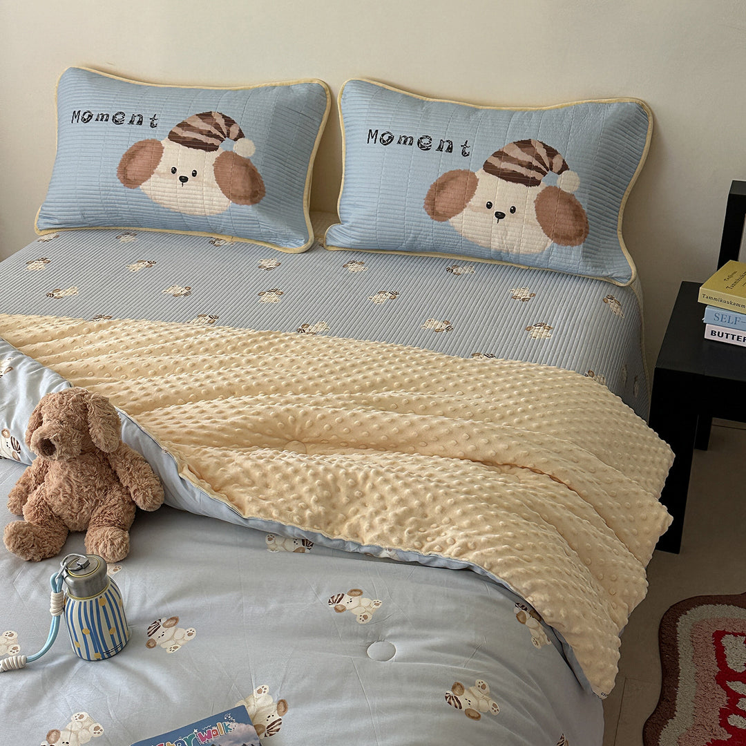 Children's bed set with quilted pillow set, mattress pad, and minky cuddle blanket