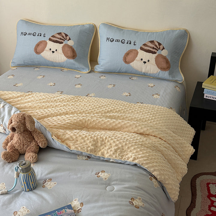 Children's bed set with quilted pillow set, mattress pad, and minky cuddle blanket