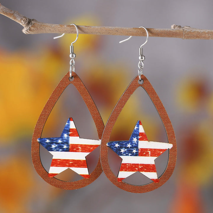 Women's nan patriotic teardrop wooden dangle earrings with star stripe cutout Kalsten