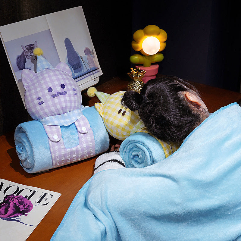 Cozy baby fleece blanket with plush cat head, carrying strap, and roll function