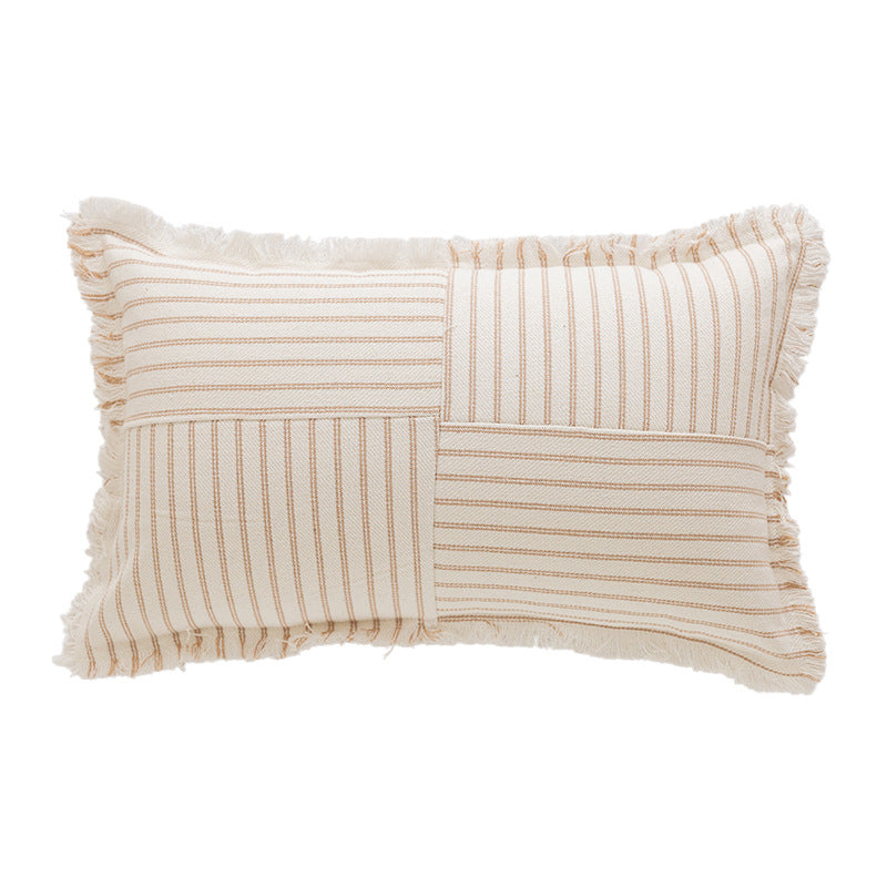 Decorative Rectangular Striped Patchwork Throw Pillow with Fringed Edges