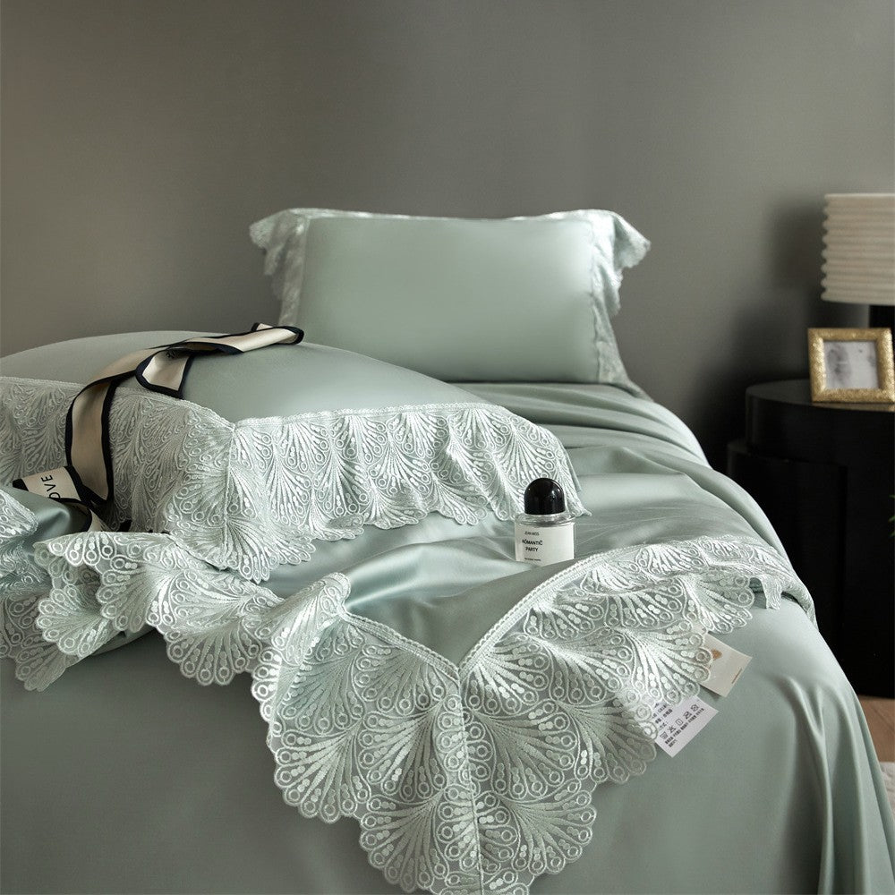 Luxurious satin bed linen set with French lace trim