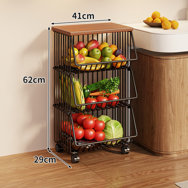 Compact Triple-Tier Rolling Wire Vegetable and Fruit Storage Cart with Wooden Top