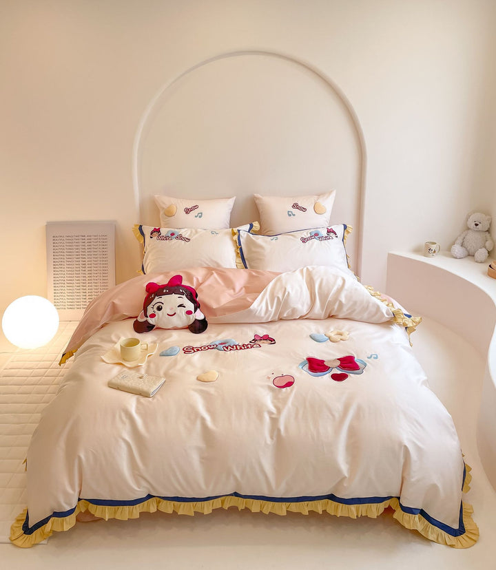 Children's bedding set with ruffles, embroidered cartoon appliqués and soft cotton satin