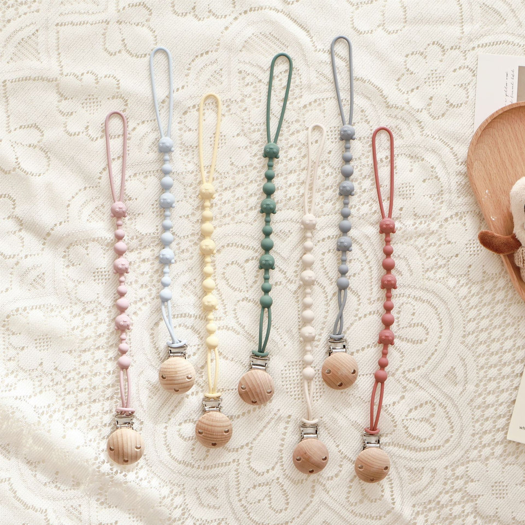 Silicone Beaded Pacifier and Teether Clip with Wooden Safety Clip