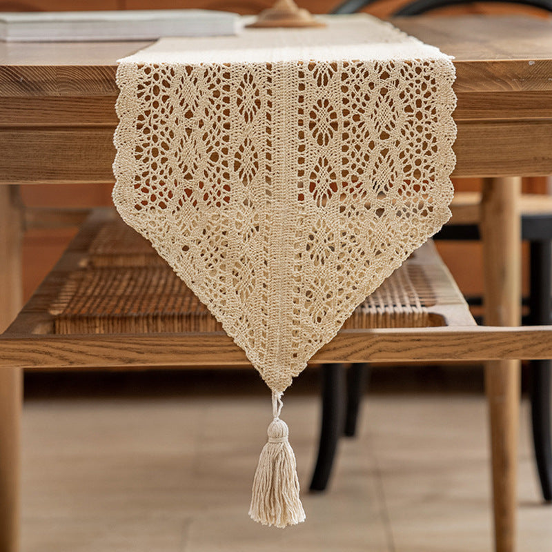Handwoven Cotton Crochet Table Runner with Diamond Lace Pattern and Tassel Point