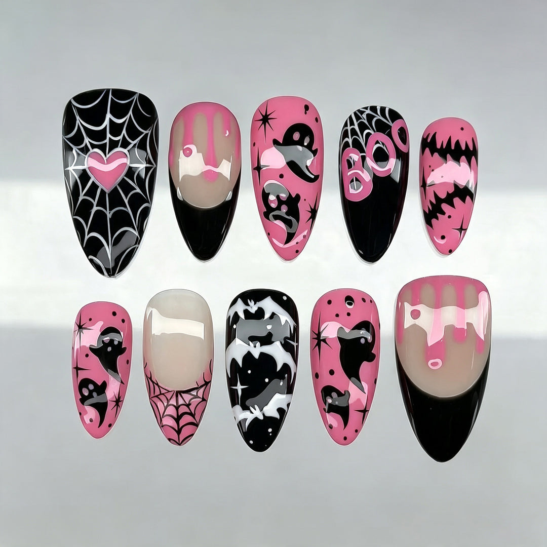 Halloween-Themed Press-On Nail Art Set with Spooky Designs