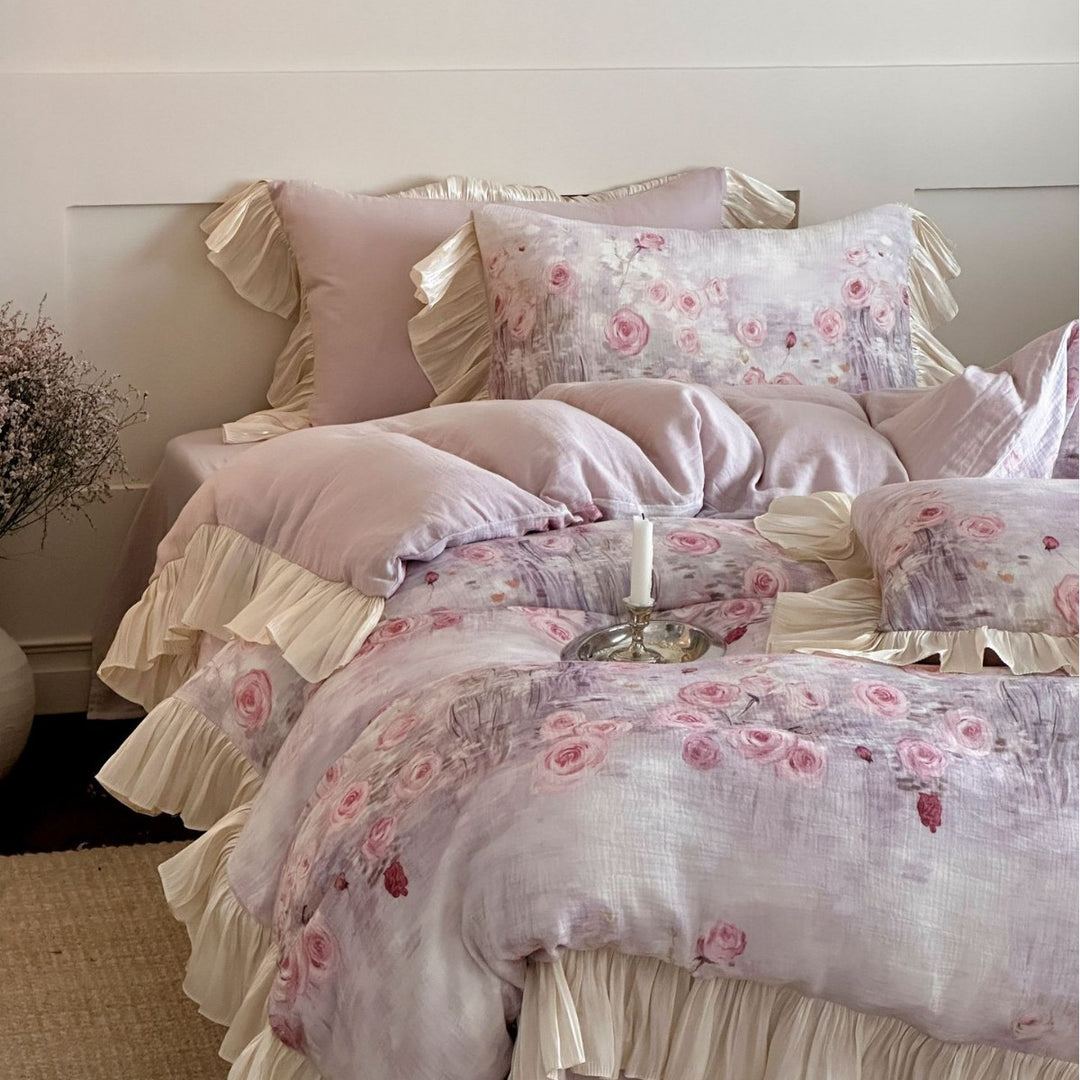 Romantic bedding set with floral watercolor look, ruffles and satin trim