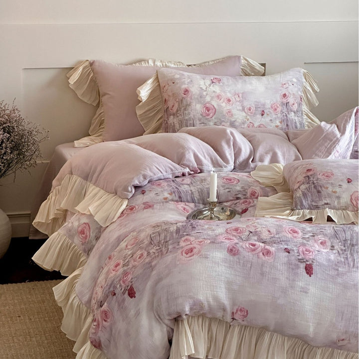 Romantic bedding set with floral watercolor look, ruffles and satin trim