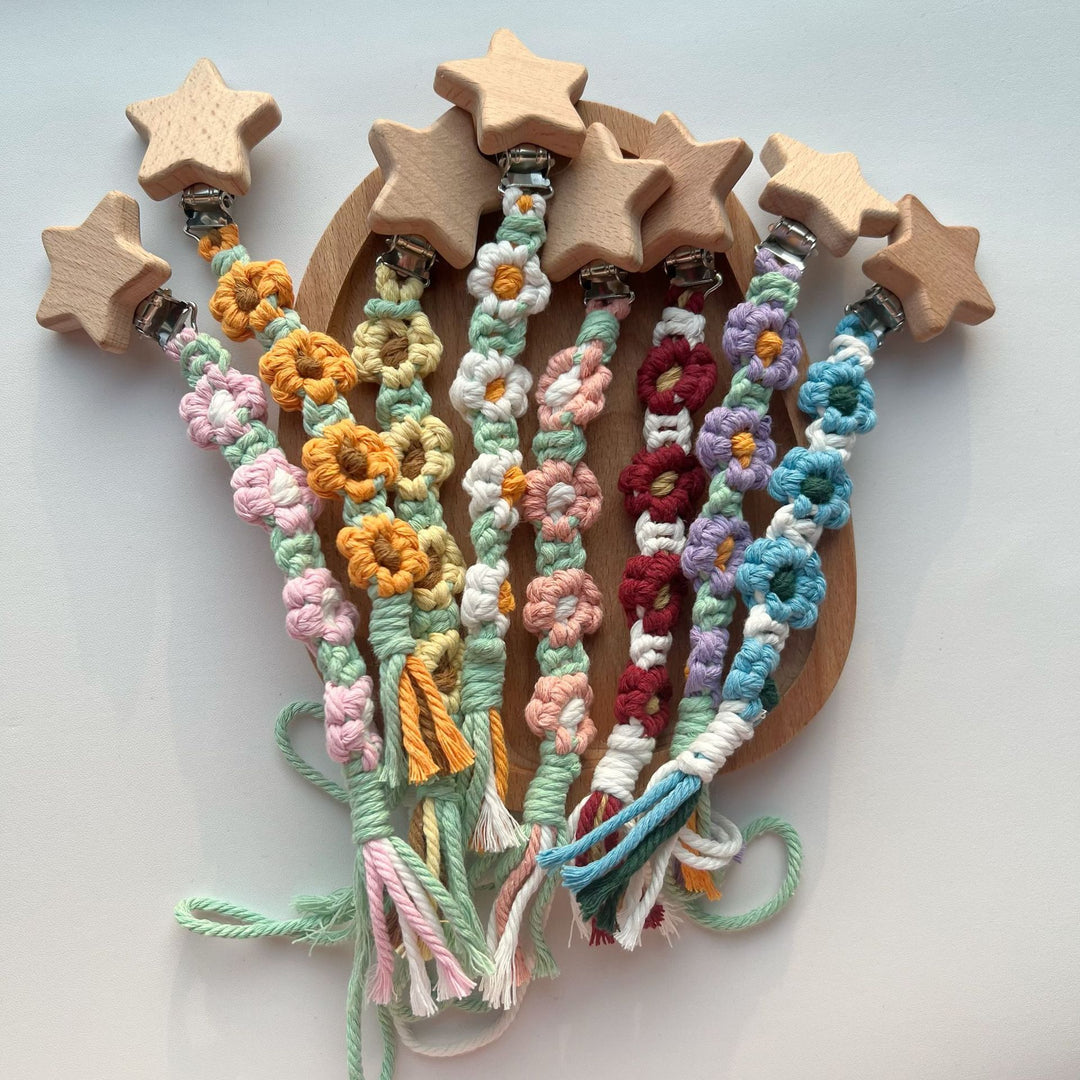 Cotton Crochet Floral Pacifier and Teether Clip with Wooden Heart Safety Clip