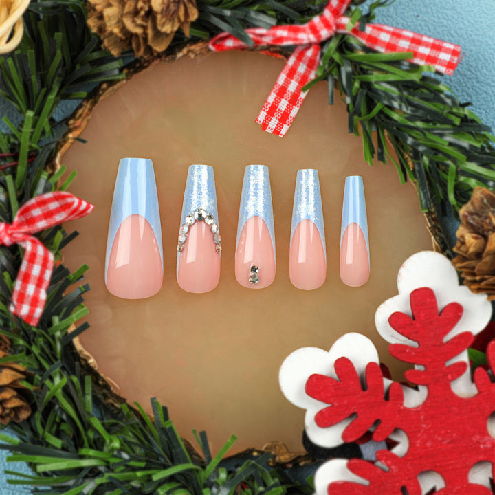 Artistic acrylic nails with glitter and elegant rhinestone embellishments Kalsten