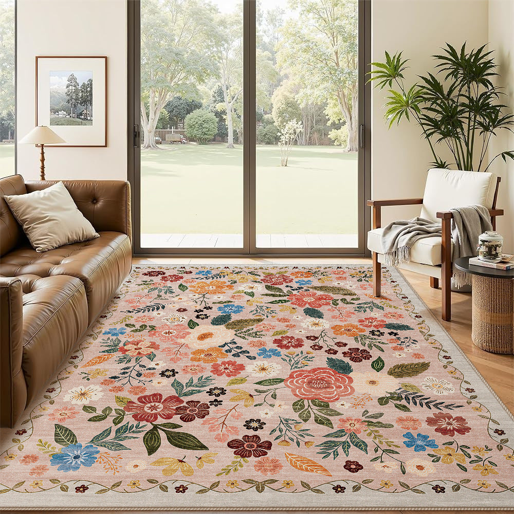 Large Floral Printed Low-Pile Machine-Woven Area Rug with Stain-Resistant Finish