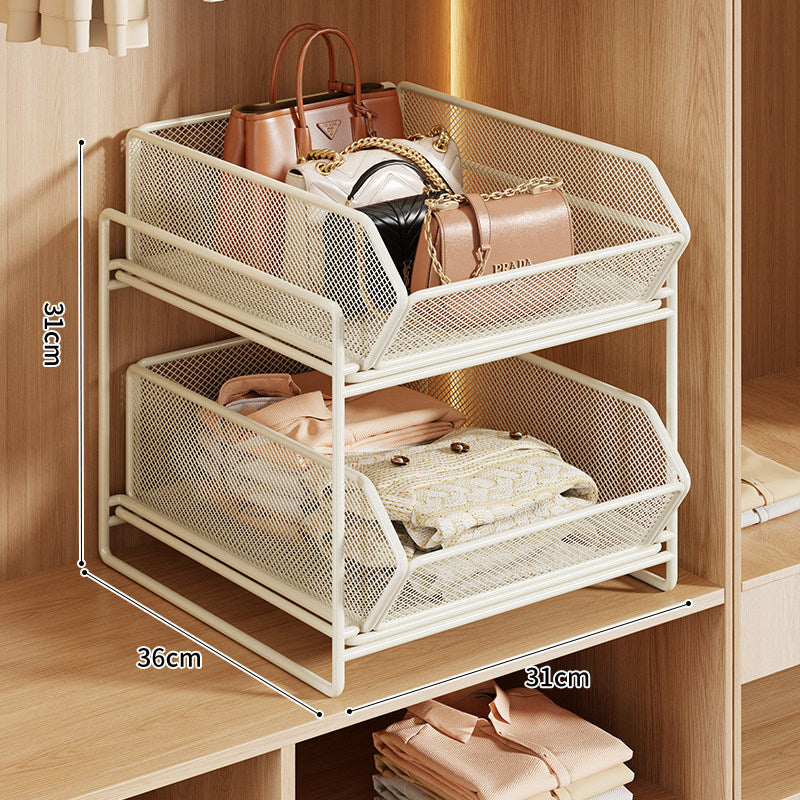 Double-Layer Metal Mesh Pull-Out Closet Organizer for Handbags and Folded Clothing